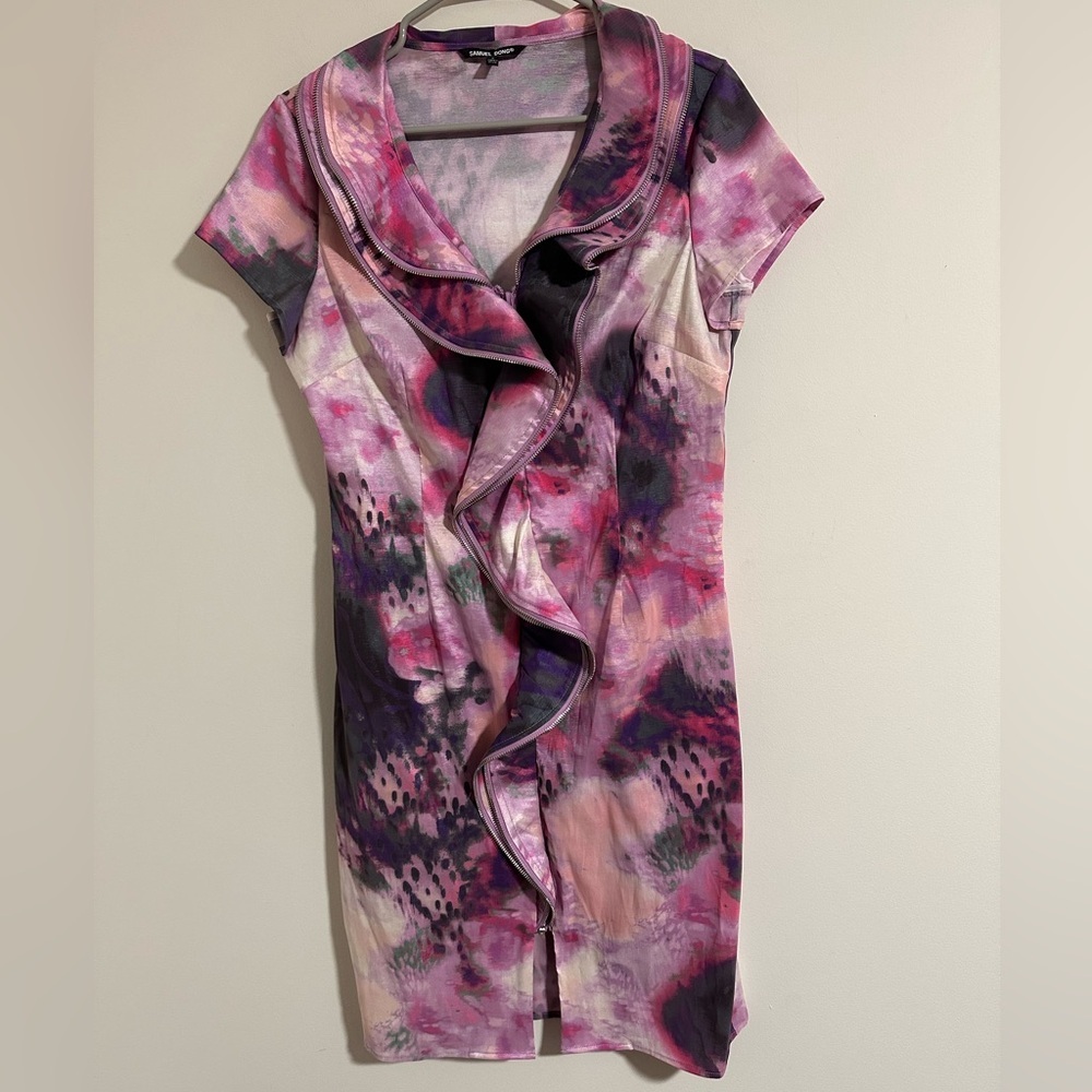 Samuel Dong Ruffle Zipper Front Abstract Watercol… - image 1